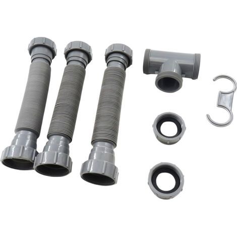 Verstellbares Doppelspülen-Ablaufset, ausziehbare Schläuche 20-80 cm, grauer Kunststoff, mit Silikondichtungen und Adaptern (1/5)