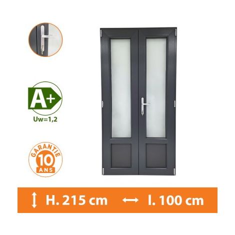 Direct Fenêtres – Porte-fenêtre PVC 2 vantaux gris anthracite – Double vitrage 4/16/4 – Isolation thermique A+ – Ouverture à la française – Seuil aluminium PMR