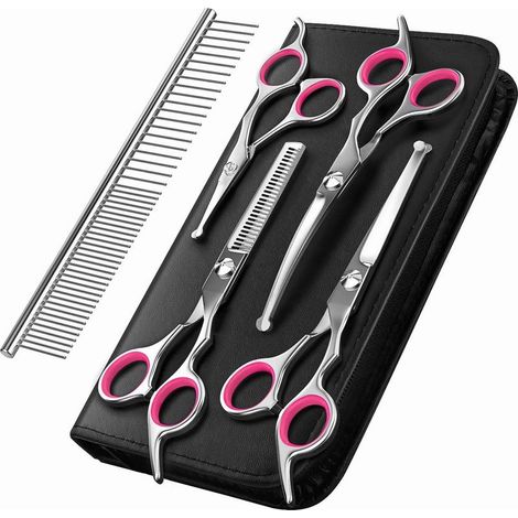 Ciseaux de Toilettage pour Chien, Ensemble de 5 Outils de Toilettage en Acier Inoxydable Enduit de Titane pour Animaux de Compagnie, Cisaille à Effiler/Droite/Incurvé et Peigne - Rose