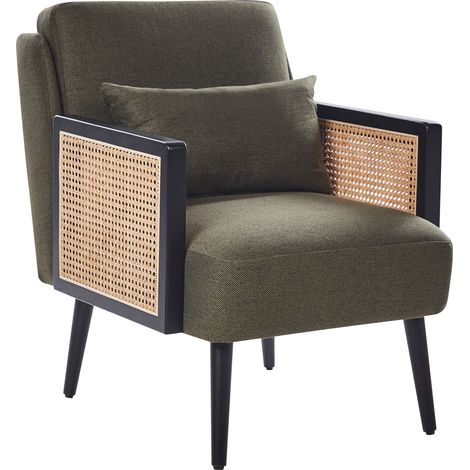 Sillón tradicional de poliéster estructura negra de madera con ratán trenzado patas de madera tapones de plástico con cojín verde Orum