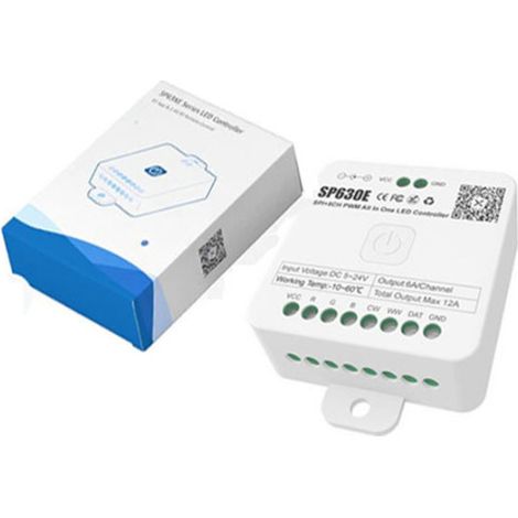 The SP630E SPI+5 channel PWM Bluetooth music controller can control different types of lighting fixtures (5-24V).