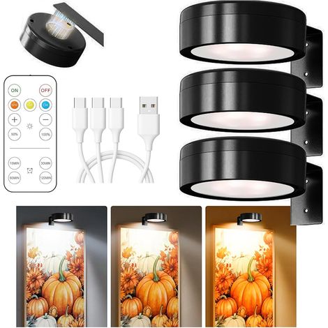 3-pack of wireless picture lights,  rechargeable wireless photo lights with remote control,  photo lights with 3 bright colors,  dimmable,  magnetic LED painting lights,  black (1/5)