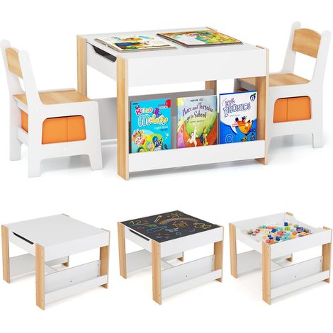 COSTWAY Tavolo per bambini con 2 sedie, set da pranzo in legno per bambini composto da 3 pezzi con piano ribaltabile, scaffali per libri e contenitori, tavolo da disegno 4 in 1 con spazio contenitivo (1/5)