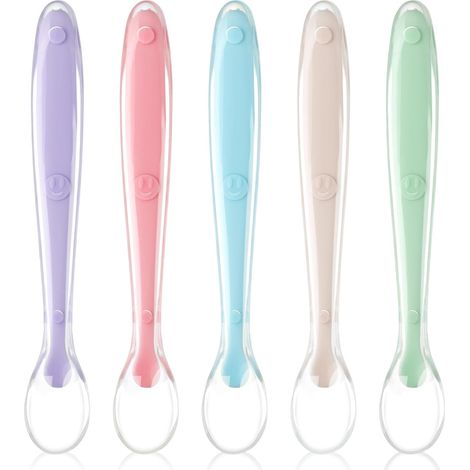 Cuillère pour Bébé,5PCS Cuillere Bebe Silicone,Ensemble de Couverts pour Encourager Votre Bébé à Manger de Manière Indépendante,Sans BPA Bout arrondi (1/4)