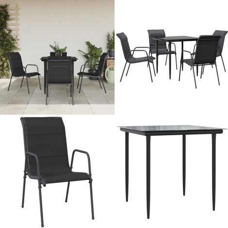Ensemble à manger de jardin 5 pcs noir textilène et acier - Fauteuil de jardin - Table de jardin (1/5)