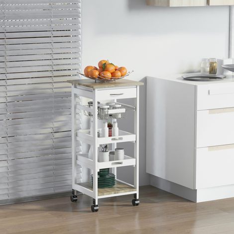 Chariot de service desserte de cuisine à roulettes panier + 2 plateaux amovibles, étagère MDF chêne clair bois pin blanc, tiroir