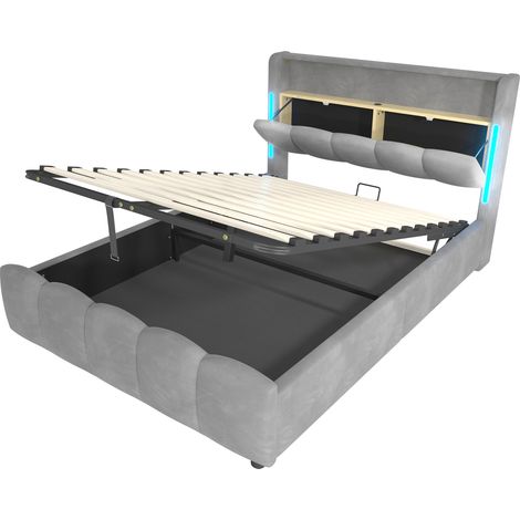Cama capitoné 140 x 200 cm con almacenaje, LED, USB y USB-C, terciopelo gris, HOMVRA (1/5)
