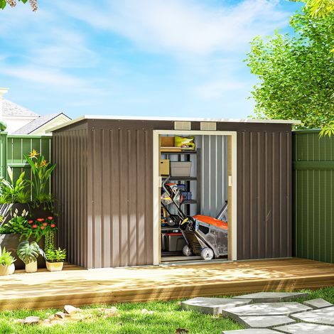 Casetta da Giardino 3.2m² in Acciaio Zincato con Kit Fondazione, Prese d'Aria, Capanno Porta Attrezzi con Tetto Inclinato, Doppia Porta Scorrevole Bloccabile, Grigio Effetto Legno (1/5)