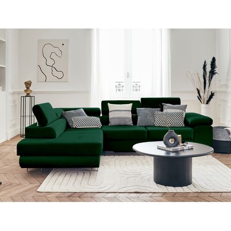 Bestmobilier – Canapé d'angle gauche 5 places convertible – Coffre de rangement – Têtières réglables – Revêtement velours – Dimensions L272 x P202 cm (1/5)