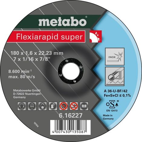 METABO 616227000 - Disco de tronzar para amoladora angular Flexiarapid Super A46-U-BF Inox HidroResist. embutido Ø 180 x 1,6 x 22,22 mm (Envase de 25 Ud)