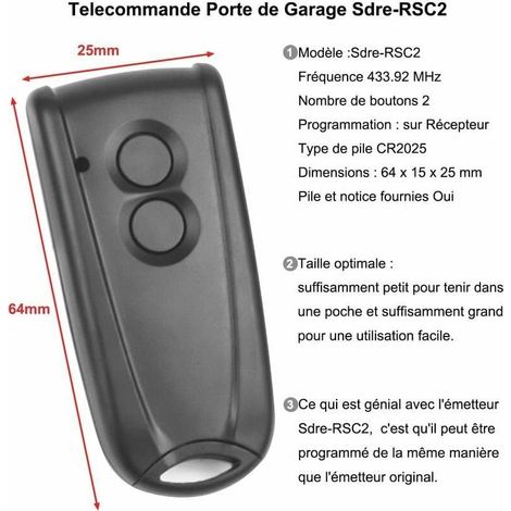 Télécommande de garage 433MHz – Compatible Ecostar RSC2 RSE2 – 2 canaux – Commande à distance pour motorisations (1/5)
