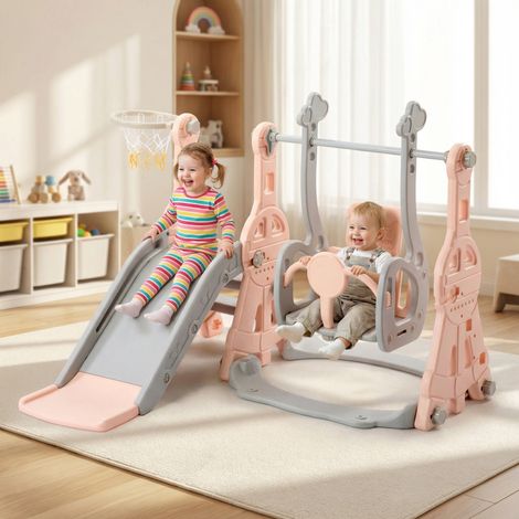 Aire de Jeux 4-en-1 - Toboggan Enfant avec Balançoire, Panier de Basket & Échelle de Grimpe - HDPE - Rose