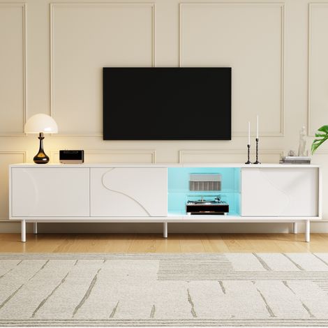 Mueble TV (180x40x45 cm), 3 puertas correderas, LED controlada por app, balda de vidrio, MDF y metal blanco (1/5)