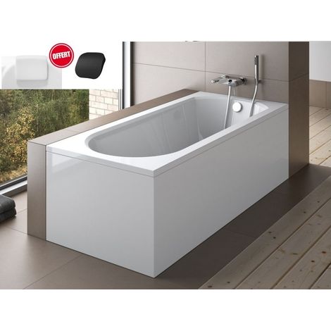 Baignoire rectangulaire Blanc - INTRICA - 160x75 - avec Tablier - Repose Tête OFFERT