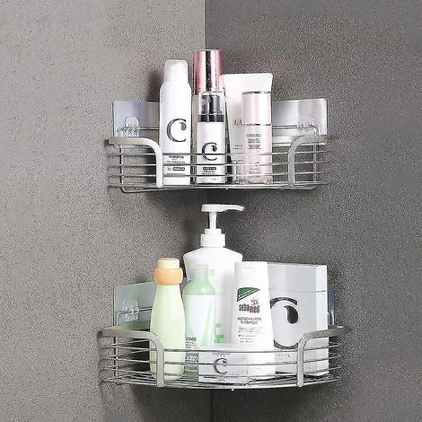 Ensemble de 2 étagères d'angle de douche adhésives sans perçage, étagère de salle de bain en acier inoxydable avec panier triangulaire et crochets pour shampoing et savon
