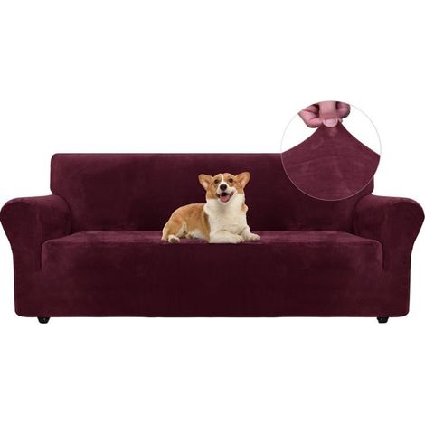 1 Housse de canapé 3 places, Velours extensible, Protection animaux, Antidérapant, Salon (1/5)