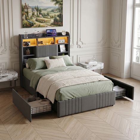 Lit Simple avec 2 tiroirs, Cadre de lit 90x200 avec sommier, Tête de Lit avec USB et LED, Lin gris (1/5)
