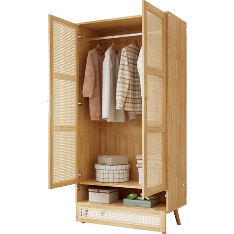 Armario con 2 Puertas, Barra para Ropa y Compartimento Abatible, en Madera y Ratan PE, Dormitorio o Salon, 90×45×183 cm, Natural (1/5)