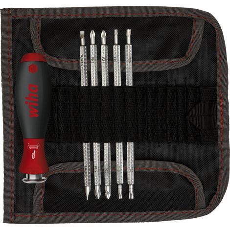 Wiha Schraubendreher mit Wechselklingen Set SYSTEM 6 (32298), 7 tlg. für tiefliegende Schrauben, Innensechskant/Kreuz/TORX/Schlitz inkl. Rolltasche (1/4)