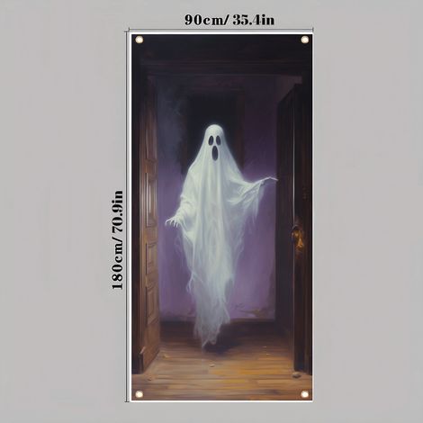 Décoration de porte d'Halloween, rideau de salle de bain Faucheuse, bannière décorative tête de mort effrayante - 90 x 180 cm (perforée + ruban) - Style 31