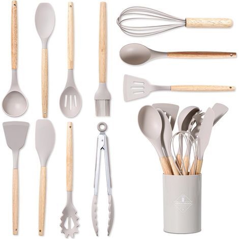 Juego de 12 utensilios de cocina de silicona - Juego de utensilios de cocina de silicona con mangos de madera, resistentes al calor y antiadherentes - Accesorios de cocina para todo tipo de utensilios (1/5)