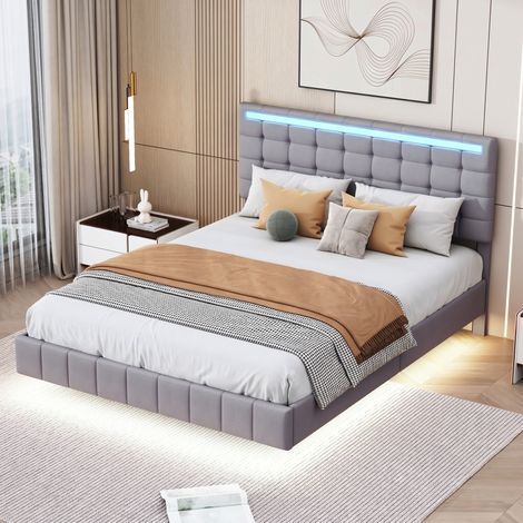 Bett für Erwachsene 140 x 200 cm, atmungsaktives beigefarbenes Leinen, Wolkeneffekt, Designer-Kopfteil, RGB-LED-Fernbedienung