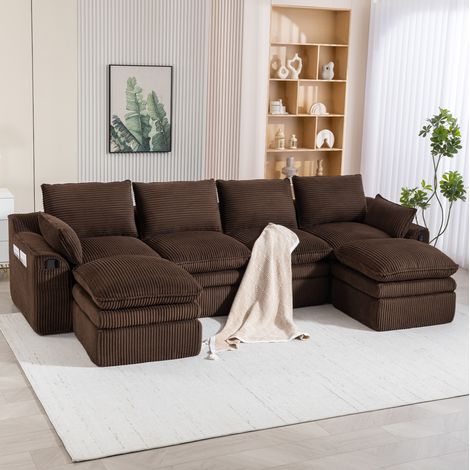 FloraGrace Canapé modulaire 4 places, 335 x 167 x 85 cm, corduroy brun, poches latérales, sans montage (1/5)