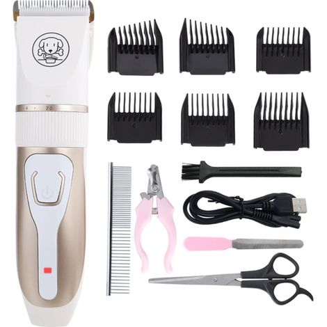 Cortapelos eléctrico blanco para mascotas + set de aseo para mascotas de 4 piezas