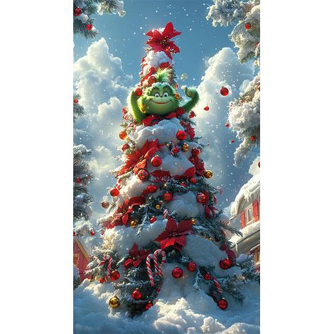 Rideau/drapeau de porte de Noël 2026, fond photo intérieur/extérieur avec motif monstre vert - 90 x 180 cm - LMGBJB-23