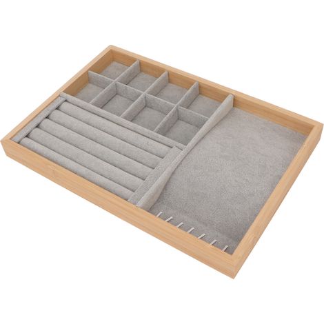 Boîte de rangement pour bijoux à tiroir, plateau de présentation multifonctionnel trois en un, convient pour les bagues, les boucles d'oreilles, les bracelets, les colliers, gris. (1/5)