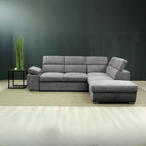 Divano Letto Angolare destro Arizona con pouf contenitore e poggiatesta regolabili colore grigio 264x224x78H