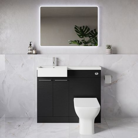 Napoli 250 Nero Oak 1000mm 2 Door Vanity Unit Toilet Suite with Left Hand Square Rico Semi Recessed Basin - 1000mm - Chrome 160mm HandleWith Kingston Toilet Pan and Seat