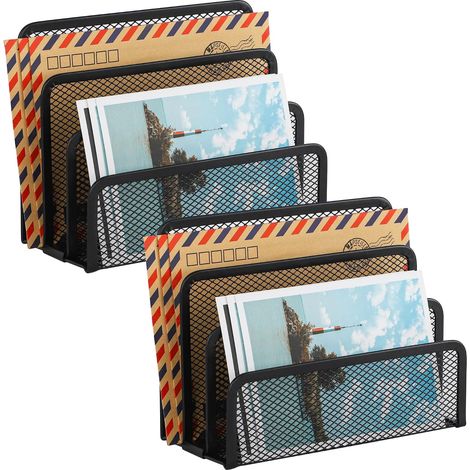 Organizador de correo de escritorio, estante de malla metálica para sobres y cartas de oficina pequeña con 3 estantes verticales, color negro (paquete de 2) (1/5)