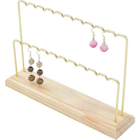 1 Pcs Présentoir de Boucle d'oreille en Bois à 2 Niveaux avec Accessoires en Fer Support de Barre de Suspension en Métal Plaqué Présentoir Doré pour Bracelet Collier Boucles d'oreilles (1/5)