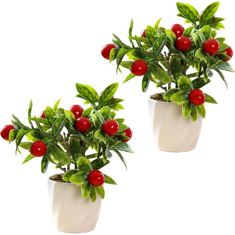 Mini bonsáis con frutos en macetas de plástico, decoración moderna para habitaciones con bayas rojas, 2 unidades. (1/5)