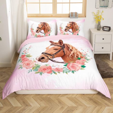 Cheval Parure de Lit Fleur Rose imprimé Housse de Couette 200x200cm Fille Chambre à Coucher décoration Animaux thème Ensemble de literie Microfibre Femmes Teen, 2 taies d'oreiller 80x80cm (1/5)