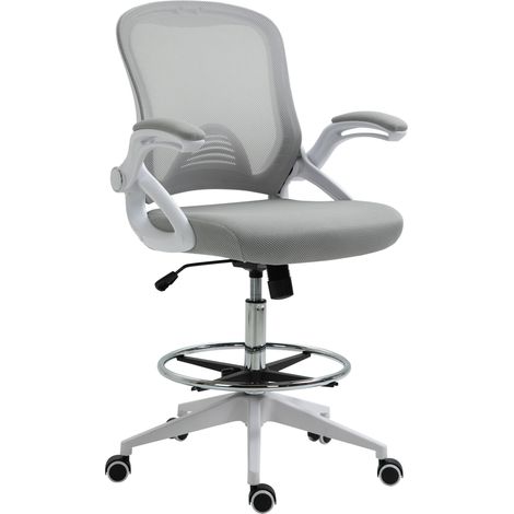 Fauteuil de bureau chaise de bureau assise debout hauteur réglable repose-pieds accoudoir rabattable pivotant 360° maille respirante dim. 64L x 60l x 106-126H cm gris et blanc