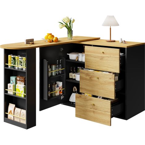 Tavolo da Bar 138-204x39x104 cm, Estensibile con Ripiano per Snack Laterale, girevole a 360°, MDF, Nero, per Cucina