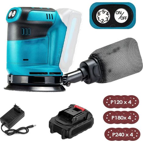 Ponceuse orbitale électrique sans fil 125 mm, sans balais, 6 vitesses, sac à poussière à fixation rapide et 12 disques, avec 1 batterie et chargeur 3,0 A, compatible avec batterie Makita (1/5)