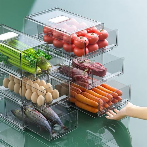 Rangement Frigo Transparent, Boite Rangement Frigo, Organisateur Frigo, Fruits du Réfrigérateur, Légumes, Viande et Tiroirs Frais, pas de BPA(2 pièces, Surdimensionné et Taille moyenne) (1/5)