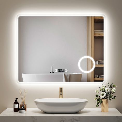 EMKE LED Badspiegel 90 x 70 cm mit Antibeschlag, kaltweiß, dimmbar, 3x Vergrößerung und Uhr