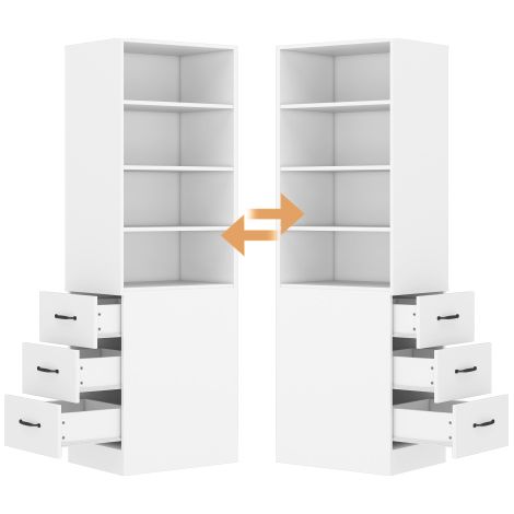 Petite bibliothèque sur roulettes – Dotée d'étagères et de tiroirs  configuration réversible (gauche/droite)  unité unique à extension totale  inclut des barres de sécurité  fait office de table de ch
