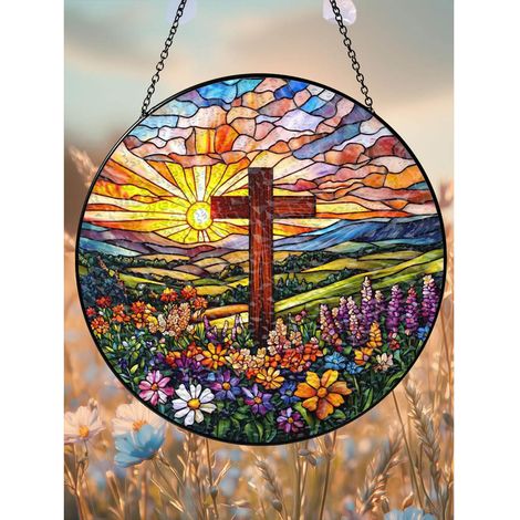 Attrape-soleil en vitrail 16cm croix avec fleurs sauvages, ornement fenêtre chrétien (1/5)