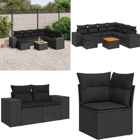 Salon de jardin 8 pcs avec coussins noir résine tressée - Salon De Jardin - Meuble Extérieur - Set Salon - Résine Tressée - Rotin Synthétique - Home & Living (1/5)
