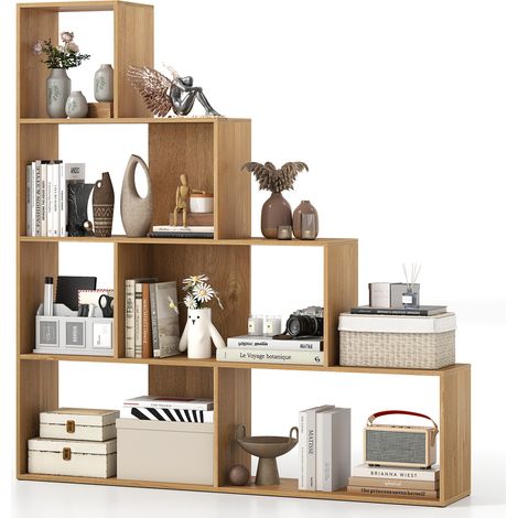 COSTWAY 4-Tier Stepped Bookshelf Modern Ladder Bookcase 6 Storage Cubes-Natural