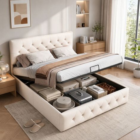 Lit coffre 160x200 cm avec rangement hydraulique, Lit 160x200 cm avec sommier à lattes, Tête de lit capitonné, Velours, Beige (1/5)