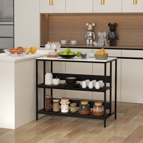 Îlot de cuisine avec comptoir bar et étagères, étagère de cuisine avec plateau effet marbre et structure en métal, 100 x 50 x 90 cm, noir et blanc (1/5)