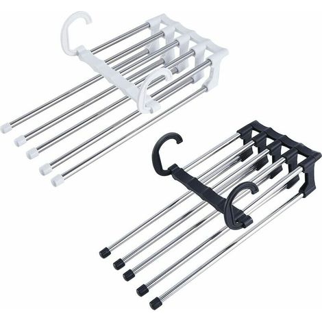 Cintres de Pantalon Pliable,2 Pièces,Cintres à Pantalons 5 en 1,Gain de Place,Fabriqué en Plastique et en Acier Inoxydable,pour Jeans, Pantalons, Vêtements, Serviettes(Longueur 30 cm Blanc +Le Noir) (1/4)