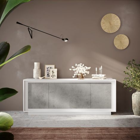 Buffet bas moderne 4 portes blanc et gris béton YORI (1/5)