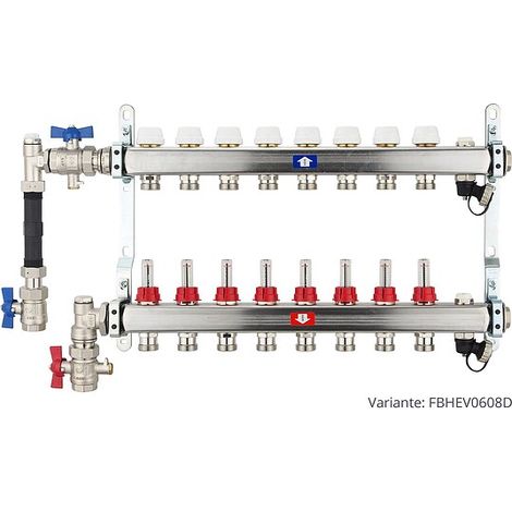 Fußbodenheizungsverteiler aus Edelstahl mit Topmeter für 8 Heizkreise - mit WMZ-Anschlussset 110 mm senkrecht (1/3)